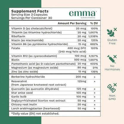 Emma Gut Health Doctors Endorsed Supplement - 60 Capsules - Relief from Gas and Bloating, Repairs Leaky Gut with Magnesium, Berberine, Vitamin D, Quercetin & More - Gut Health & Colon Cleanse Formula